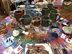 Assortment: mugs, pins, fused glass, bowls
